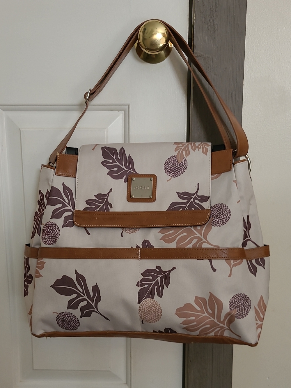 Brown and Cream Leaf Patterned Women's Bag